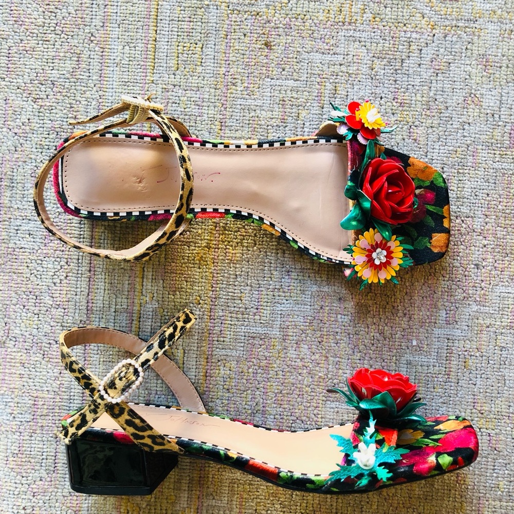 Betsey Johnson Floral & Leopard Print Block Heel Sandals - Charrly